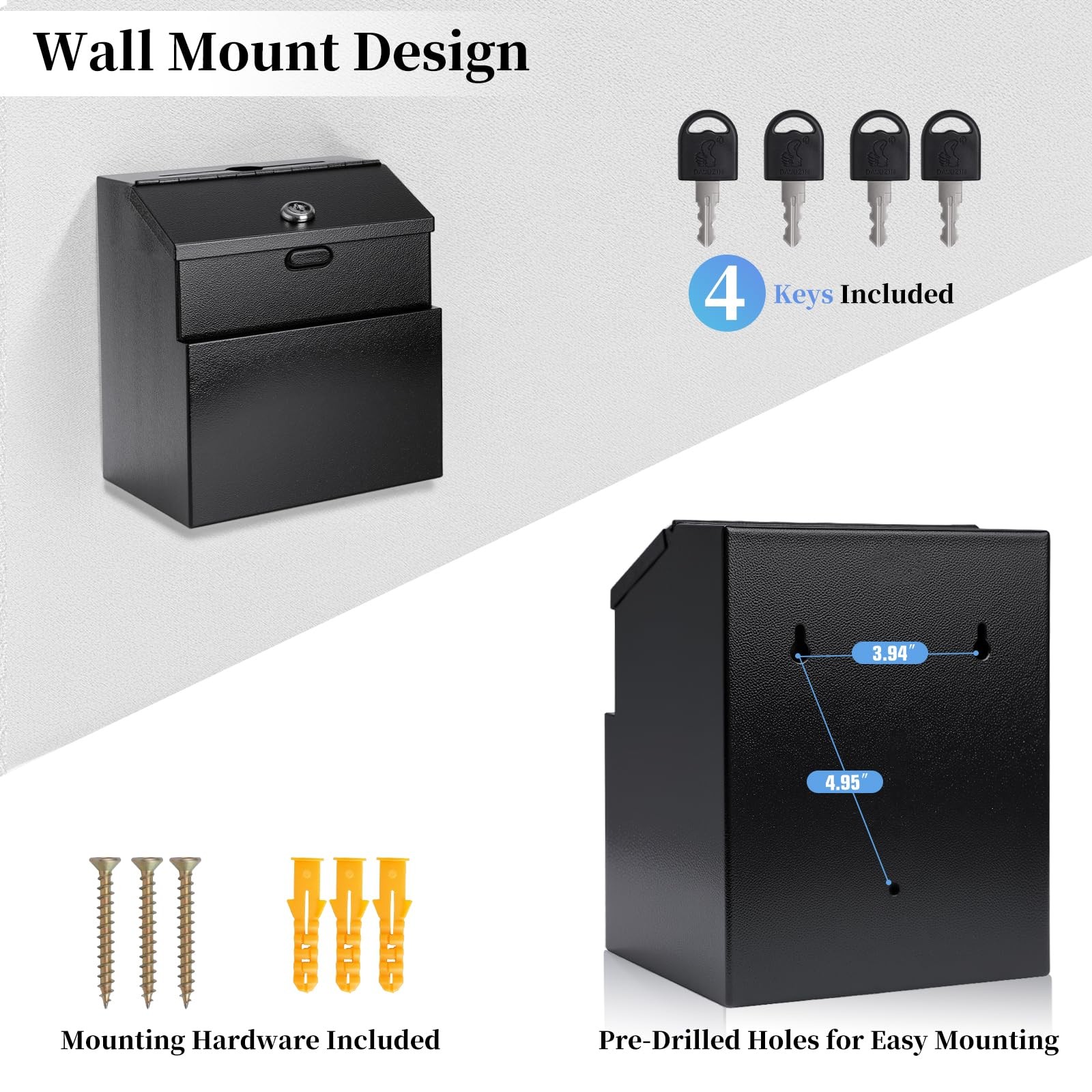 Suggestion Box with Slot and Lock Metal Wall Mounted Black