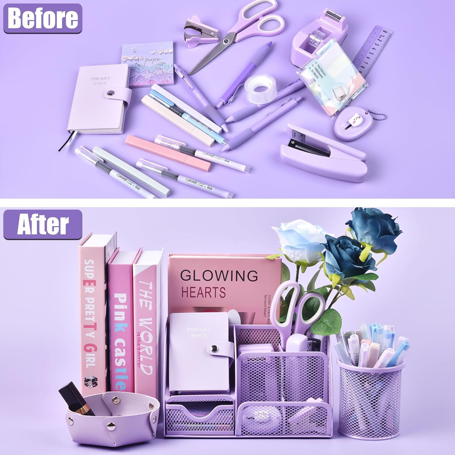 Purple Desk Accessories, 26Pcs Office Supplies and Desk Organizers, with Tape Di