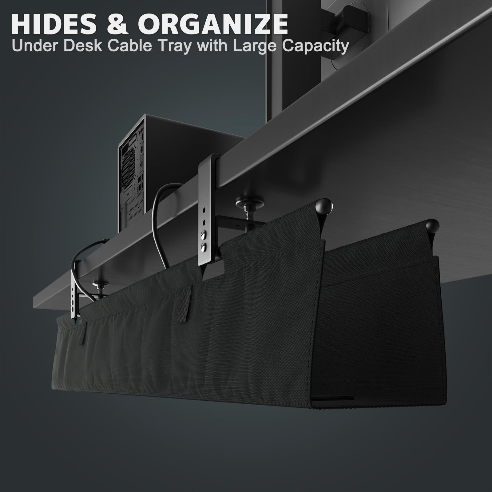 No Drill Under Desk Cable Management Tray – 36″ Clamp/Screw 36″W, Black