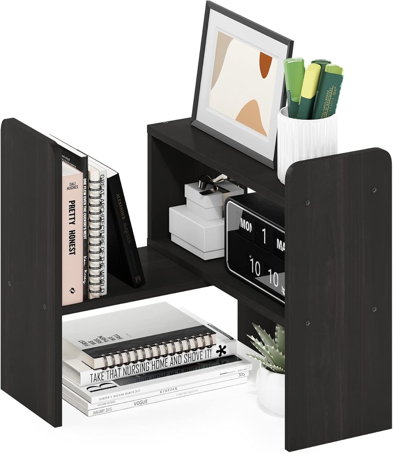 Versatile 2-Shelf Desktop Storage Organizer with Adjustable Features in Espresso