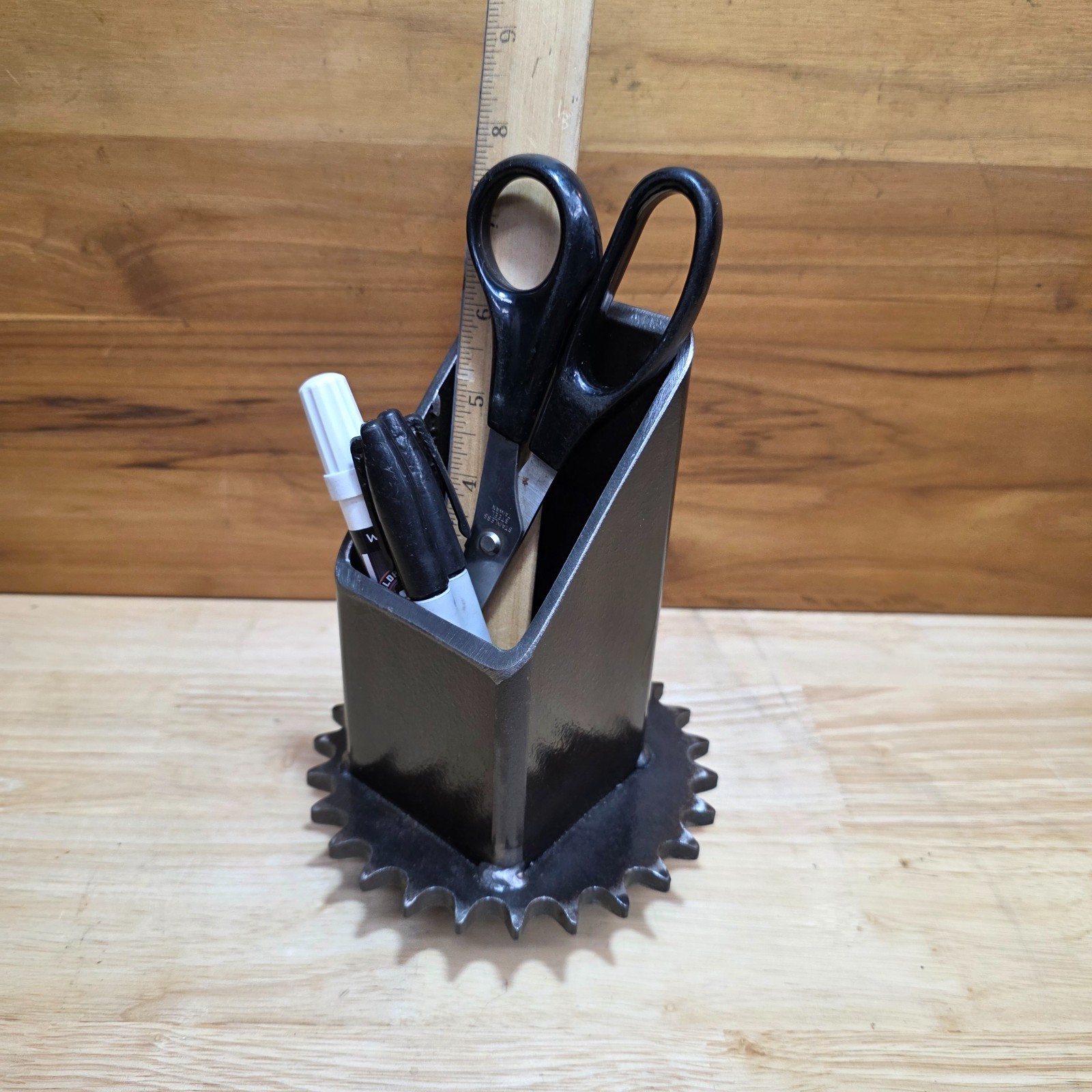 Industrial Steel Desk Organizer | Welded Reclaimed Gear Pen Holder