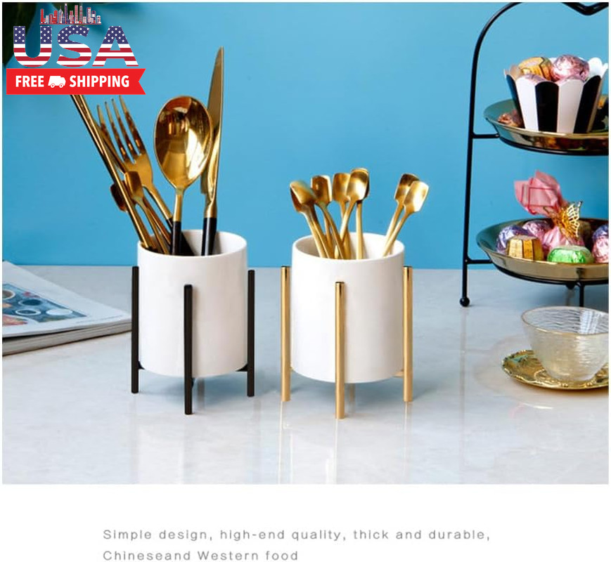 Gold Pencil Cup Sturdy Metal Frame with White Ceramic Pen Holder for Desks and K