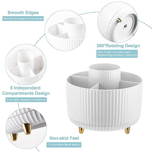 Pencil Holder For Desk,5 Slots 360°Degree Rotating Desk Organizers And B-White