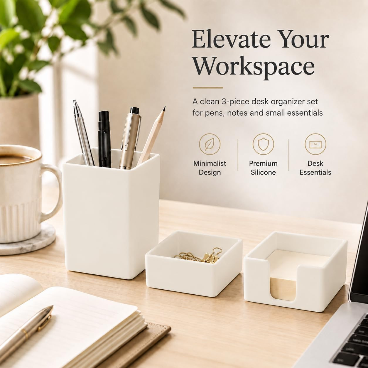 Aesthetic Silicone Desk Organizer Set of 3,Modern Office Desk Accessories with P