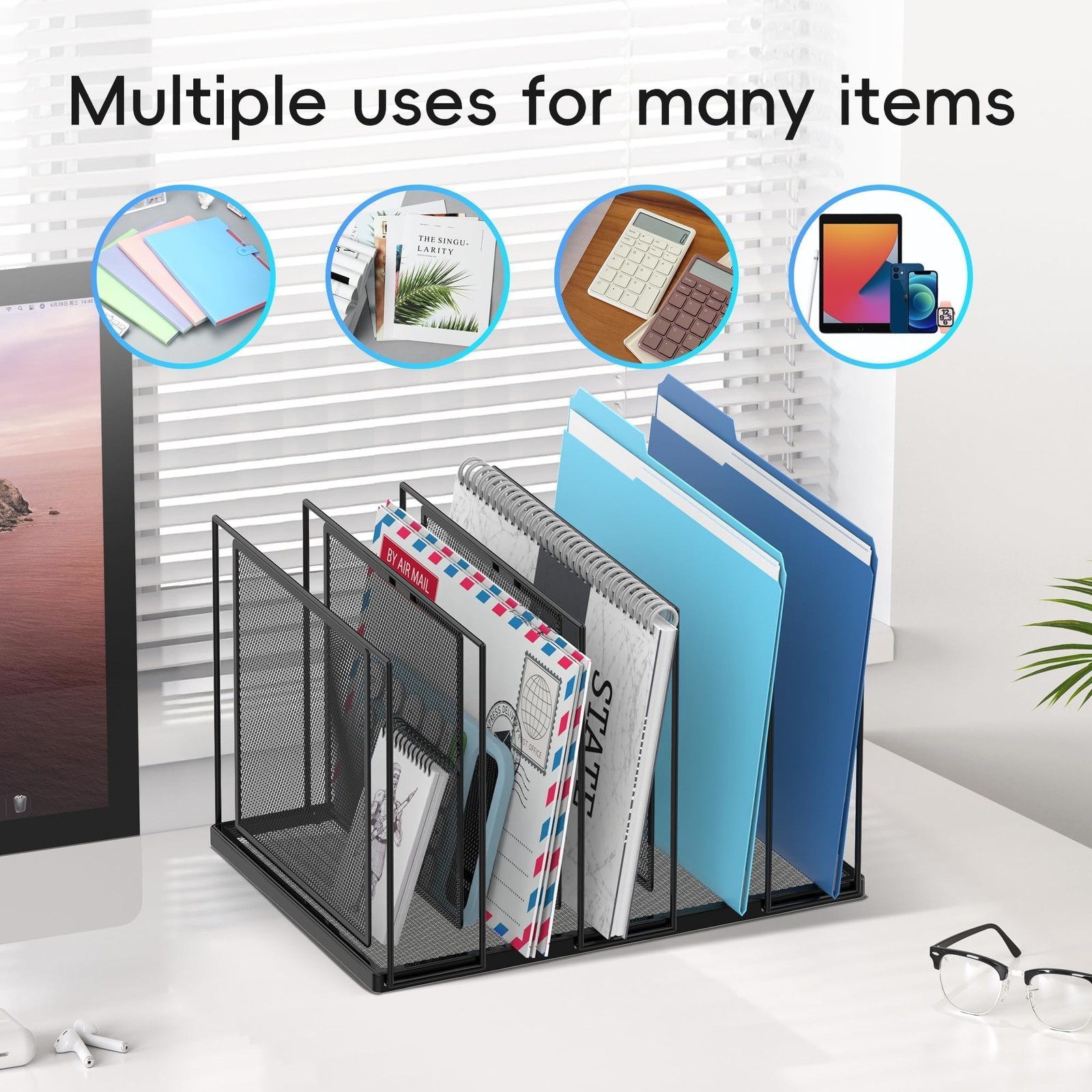 JMHUD File Organizer for Desk, 5-Section Vertical 1 Pack 5-Section, Black