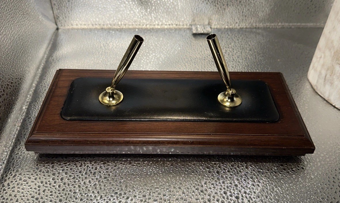 Elegant Walnut & Black Leather Double Pen Stand with Rolling Ball Pen Decor 9.5”