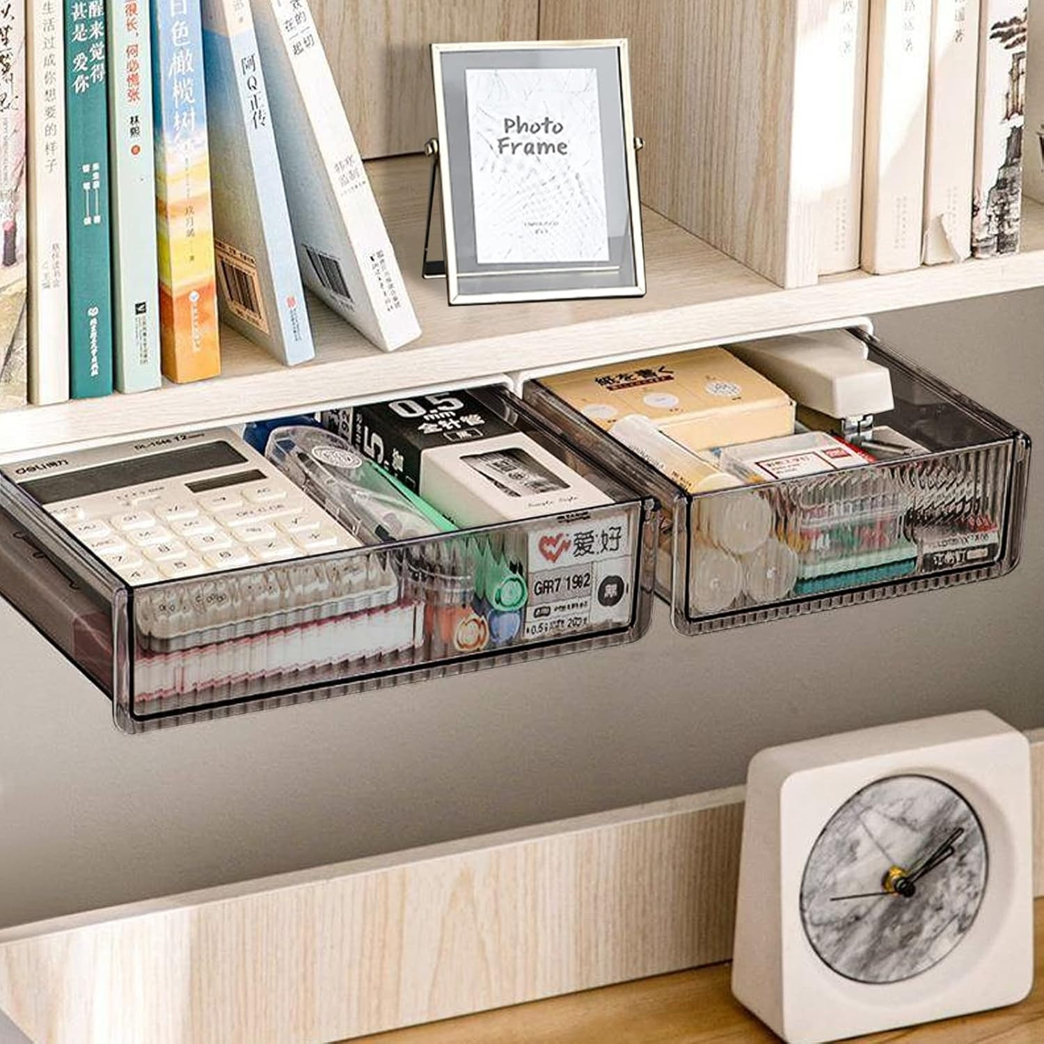2Pcs under Desk Storage Drawers Slide Out,Large&Medium, Stick on Desk Drawer Org