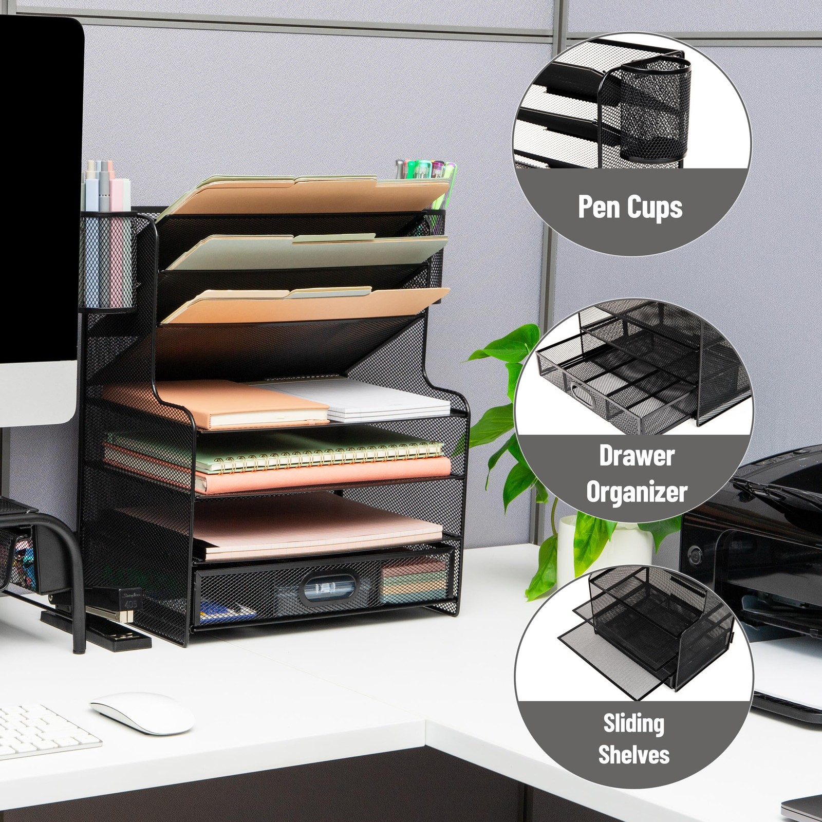 Mind Reader Mesh Desk Organizer 6 Compartments 1 Drawer 2 Pen Cups Office