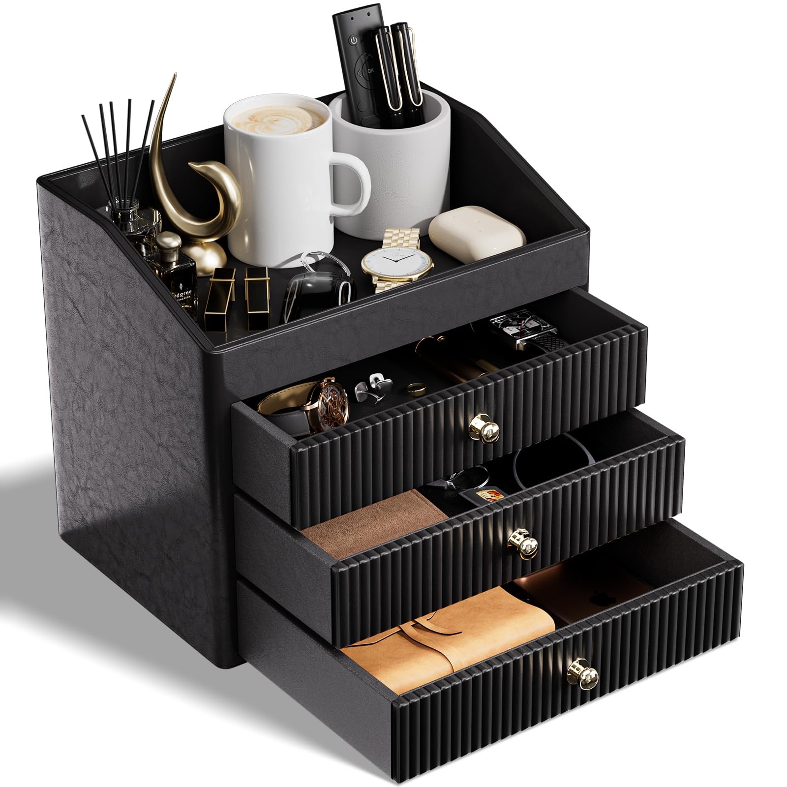 LADSTAG Desk Organizers and Accessories,Black Vegan Leather 4 layers, Black