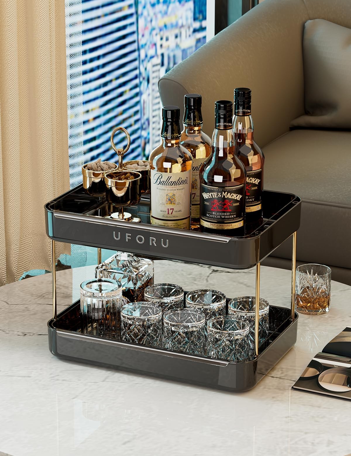 UFORU Countertop Coffee Station Organizer, 2 Tier Wine Glass 2 Tier, Black
