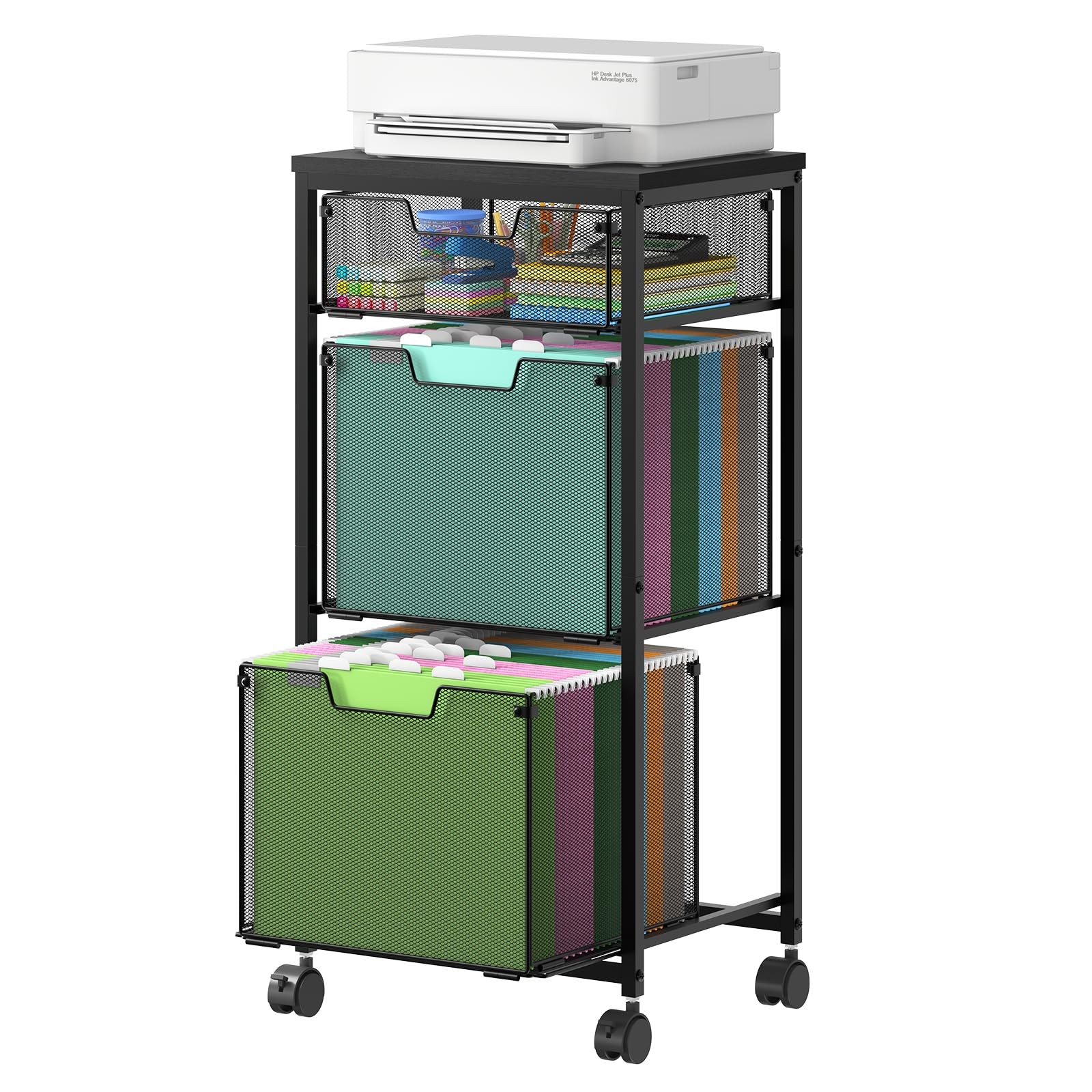 Sbanmao 3 Drawer Mobile File Cabinet for 1 Small + 2 Large Drawers, Black