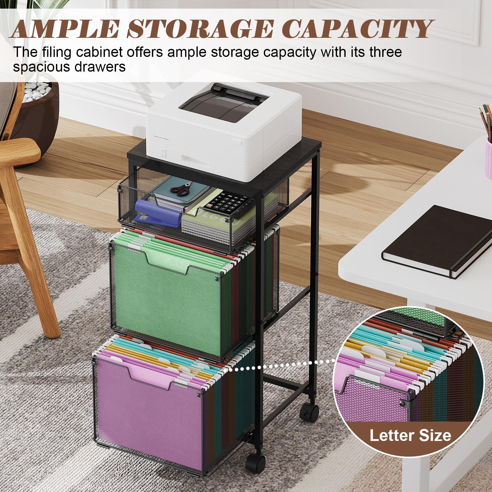 Sbanmao 3 Drawer Mobile File Cabinet for 1 Small + 2 Large Drawers, Black
