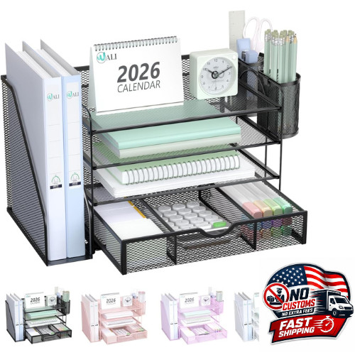 WALI Desk File Organizer, 4 Tier Desktop Paper Letter Tray Organizer with Drawer