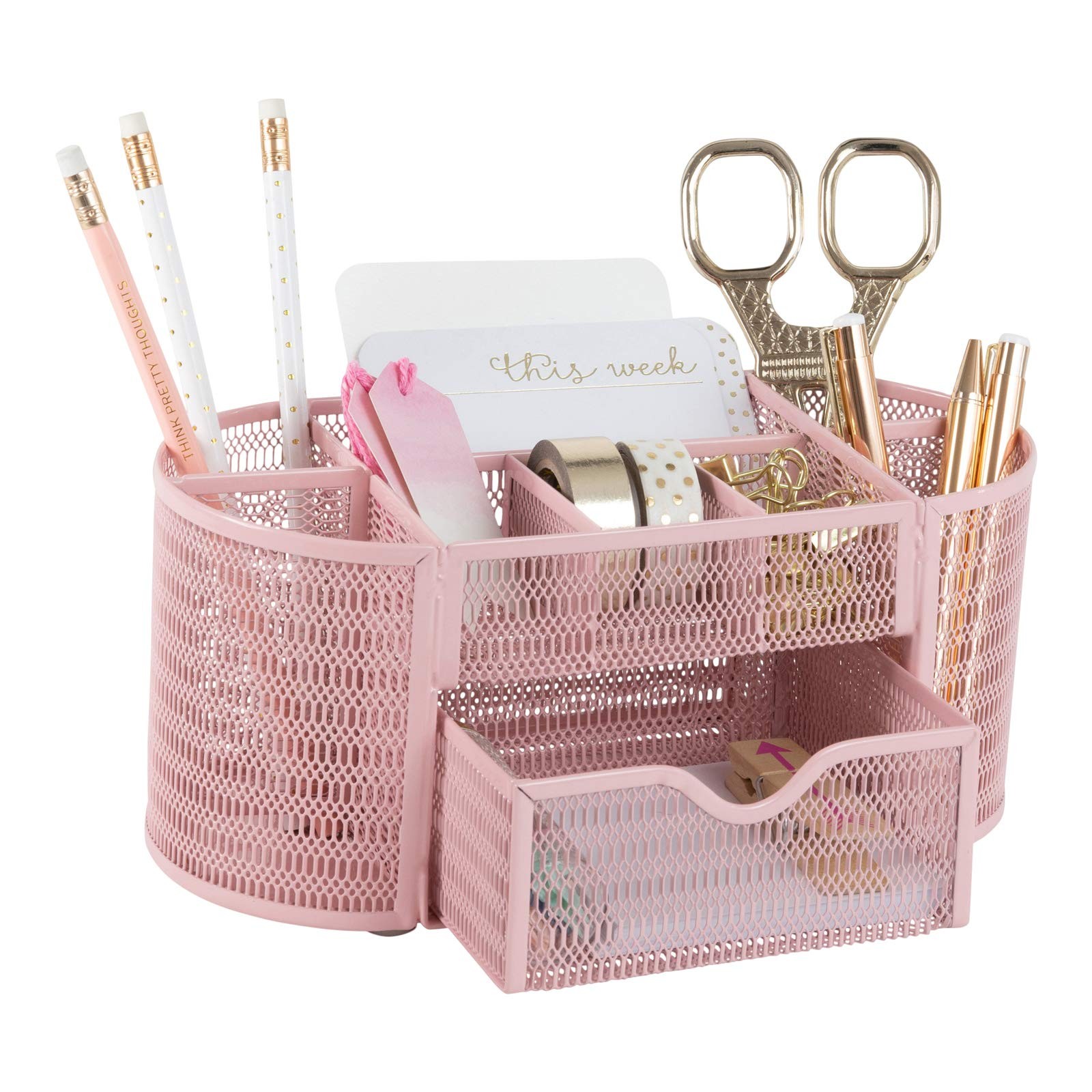 Pink Metal Mesh Desk Organizer with Compartments