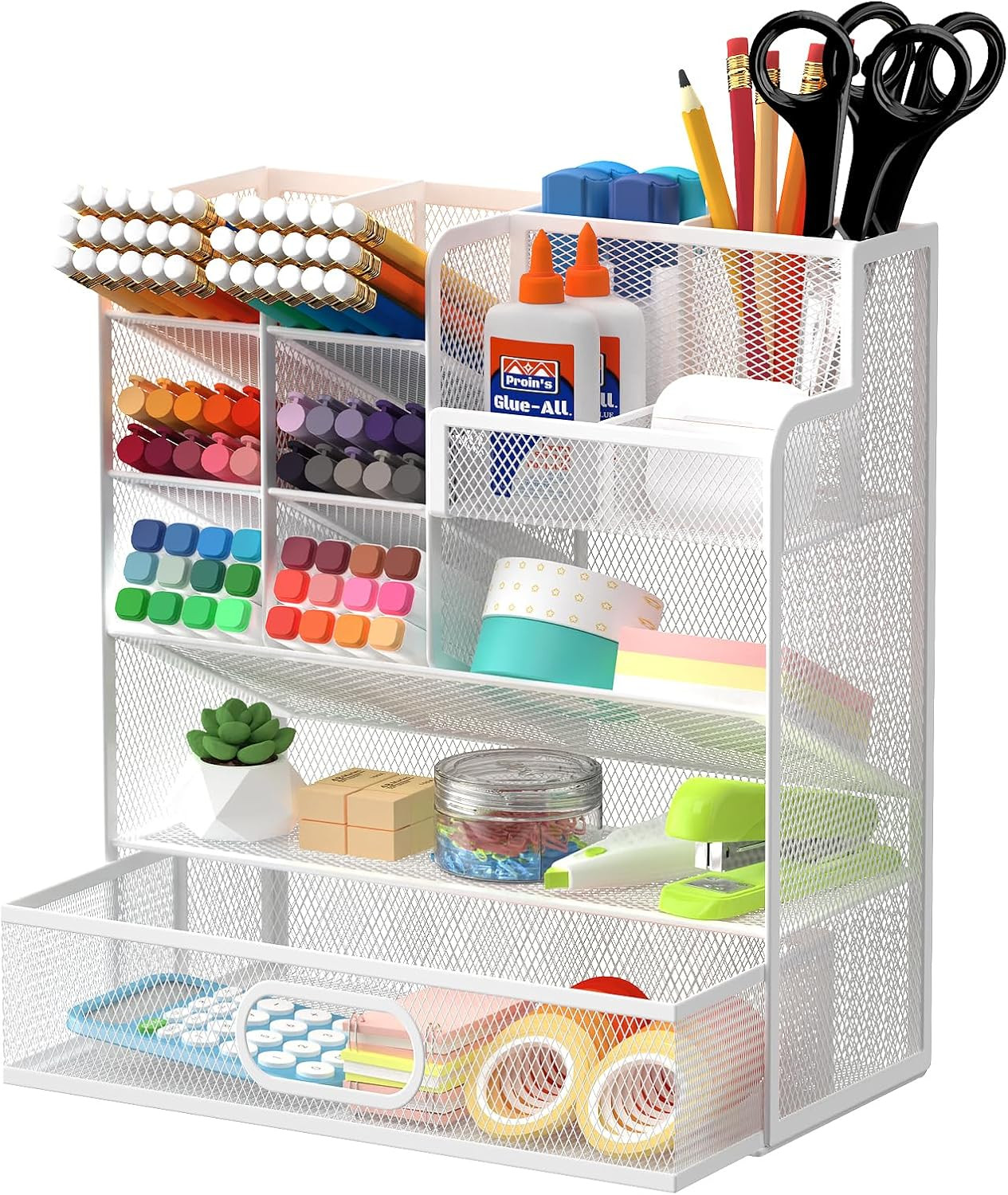 Mesh Pen Organizer for Desk, Multi-Functional Pencil Holder with Drawer Desk Org