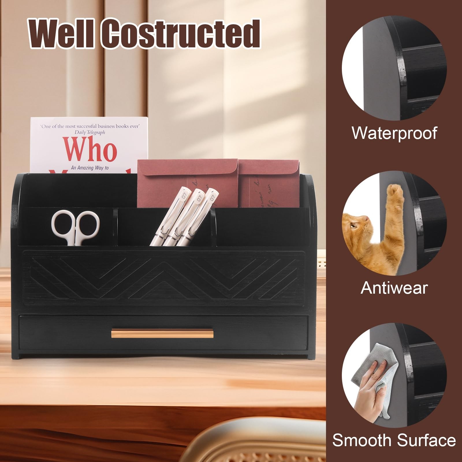 Charmewooden Black Desktop Organizer with Drawer Storage, White Desk