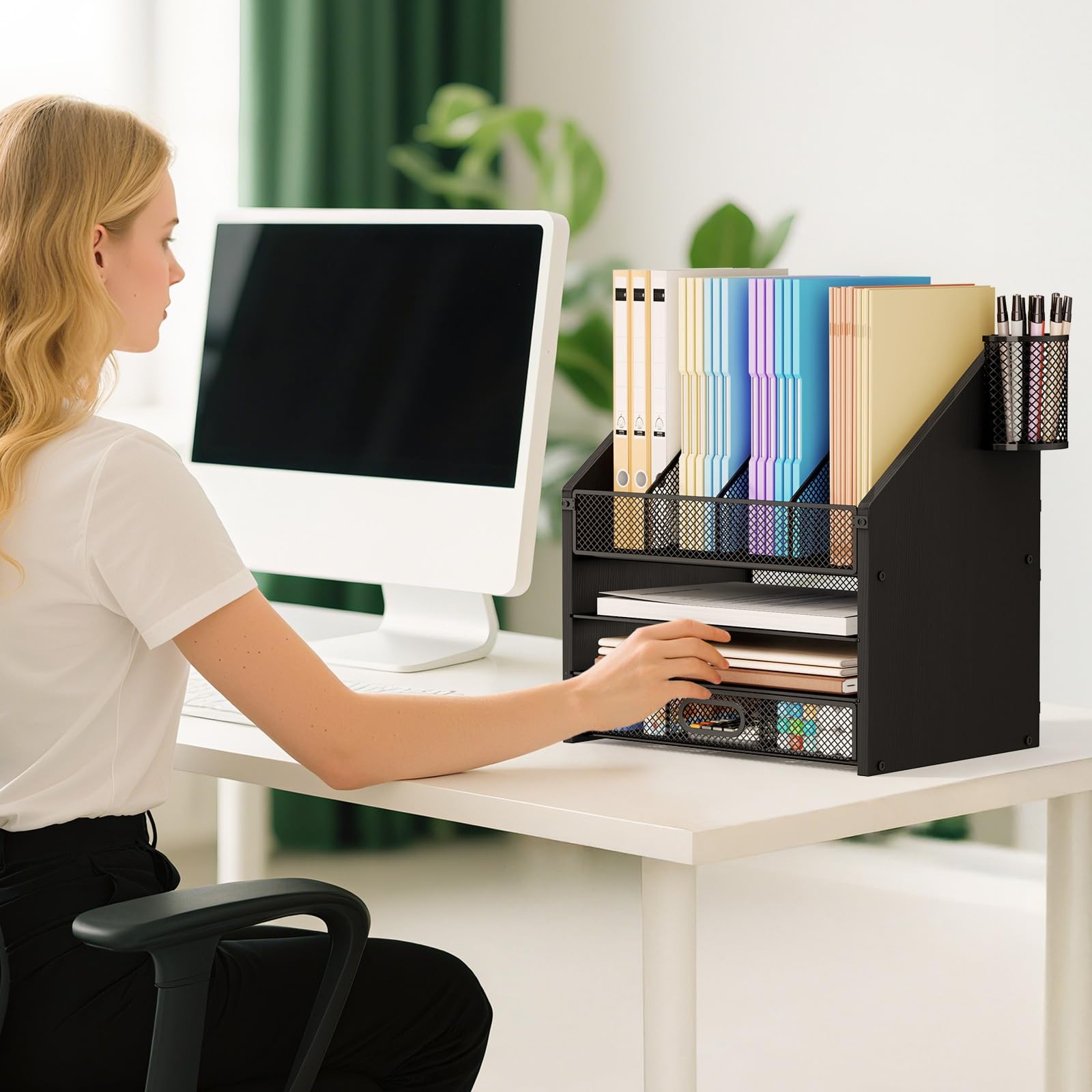 Desk Organizer with Drawers – Mesh and Wood Desk File Organizer with Pen Hold…