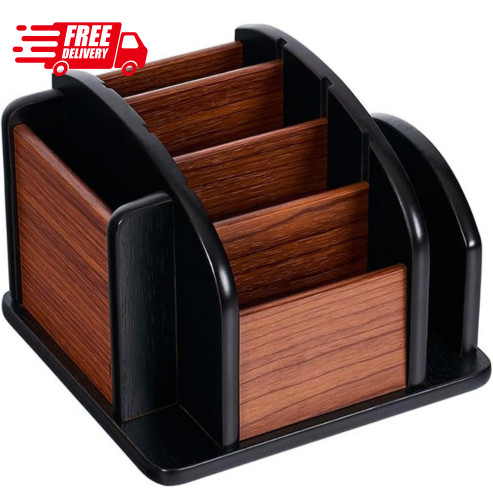 Wood Rotating Remote Control Holder 6 Compartment Caddy Desk Organizer Table Box