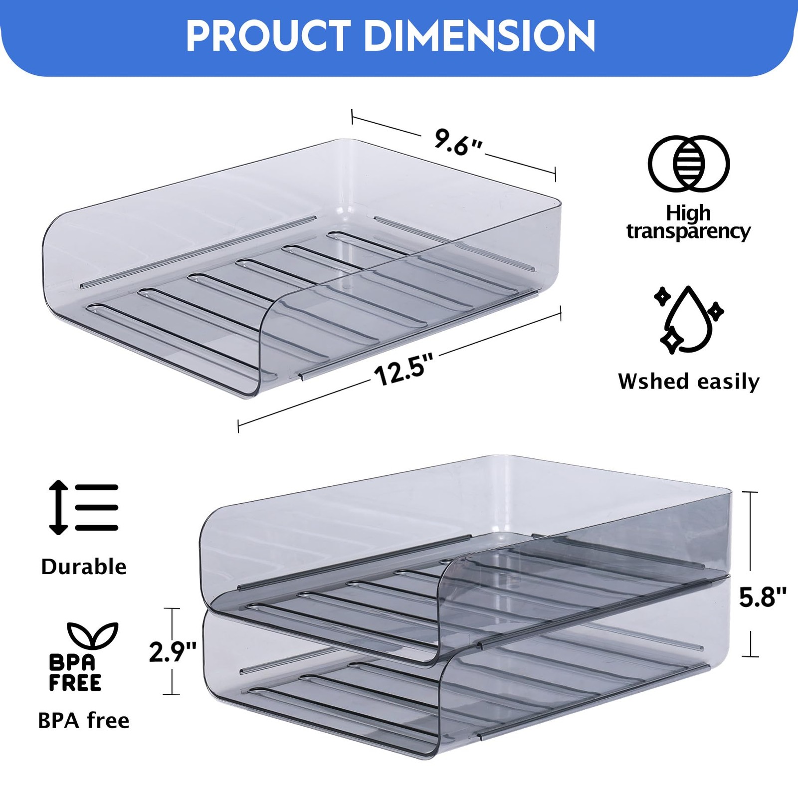2 PCS Stackable Paper Tray Organizer Clear File Desk Storage Accessories Black