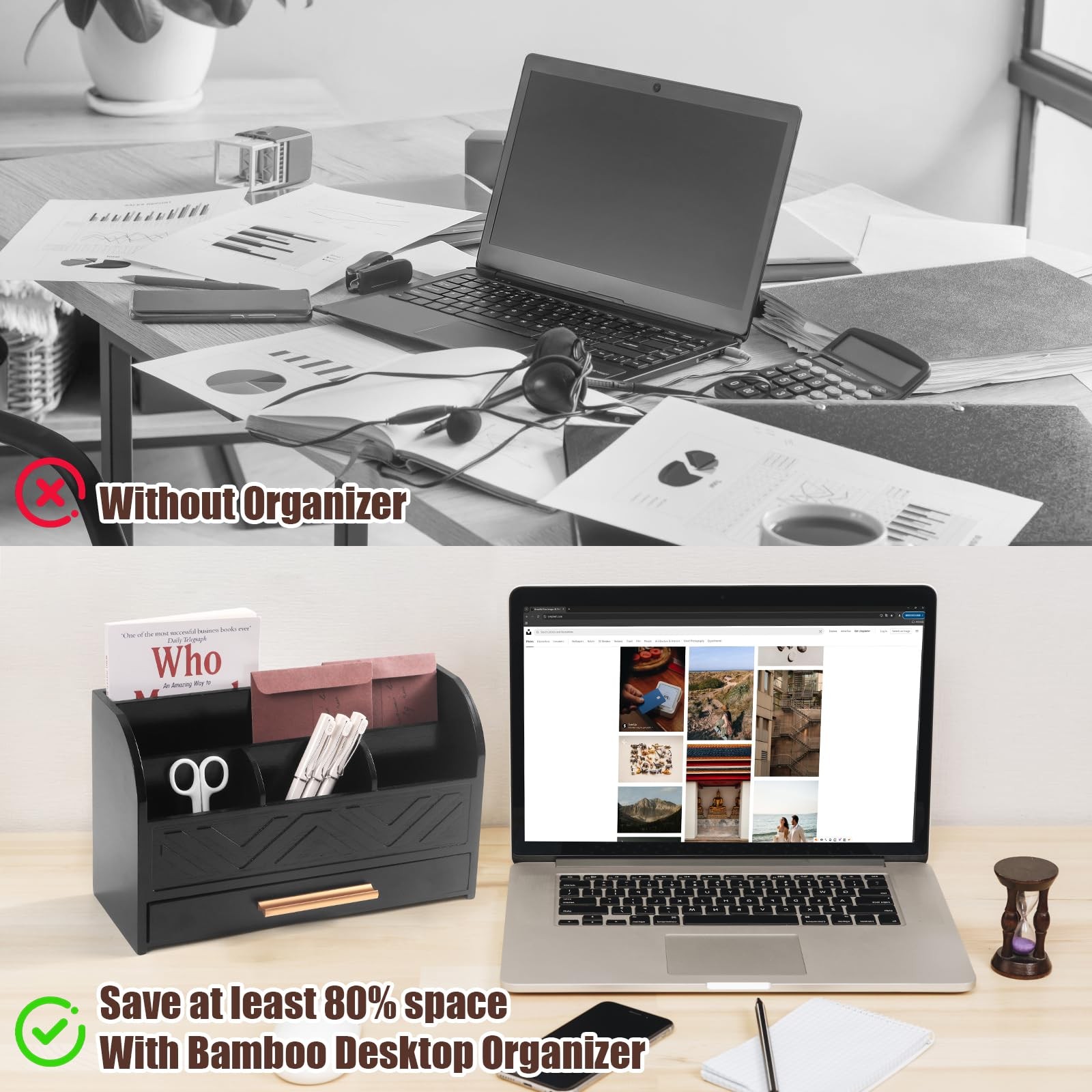 Charmewooden Black Desktop Organizer with Drawer Storage, White Desk