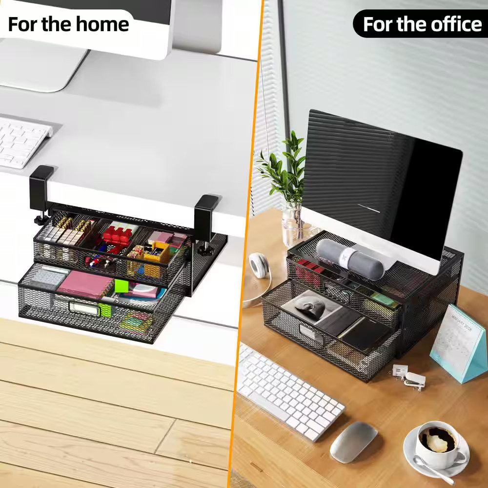 Black 15.7 In. X 6.3 In. Metal under Desk Storage Organizer with 2 Sliding Drawe