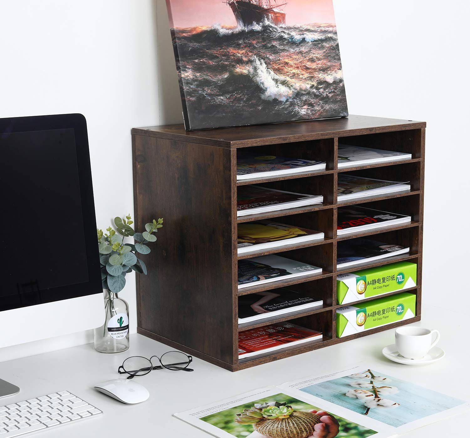 12 Compartments Wooden Literature Organizer with Adjustable Shelves, 6000 She…