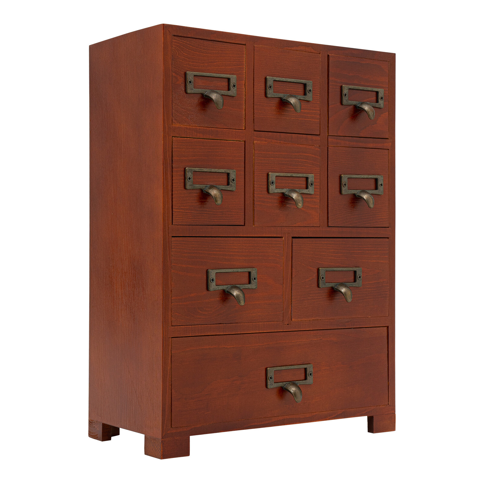 Dark Brown Retro Pine Wood Iron 9 Drawer Rectangular Storage Box Tabletop