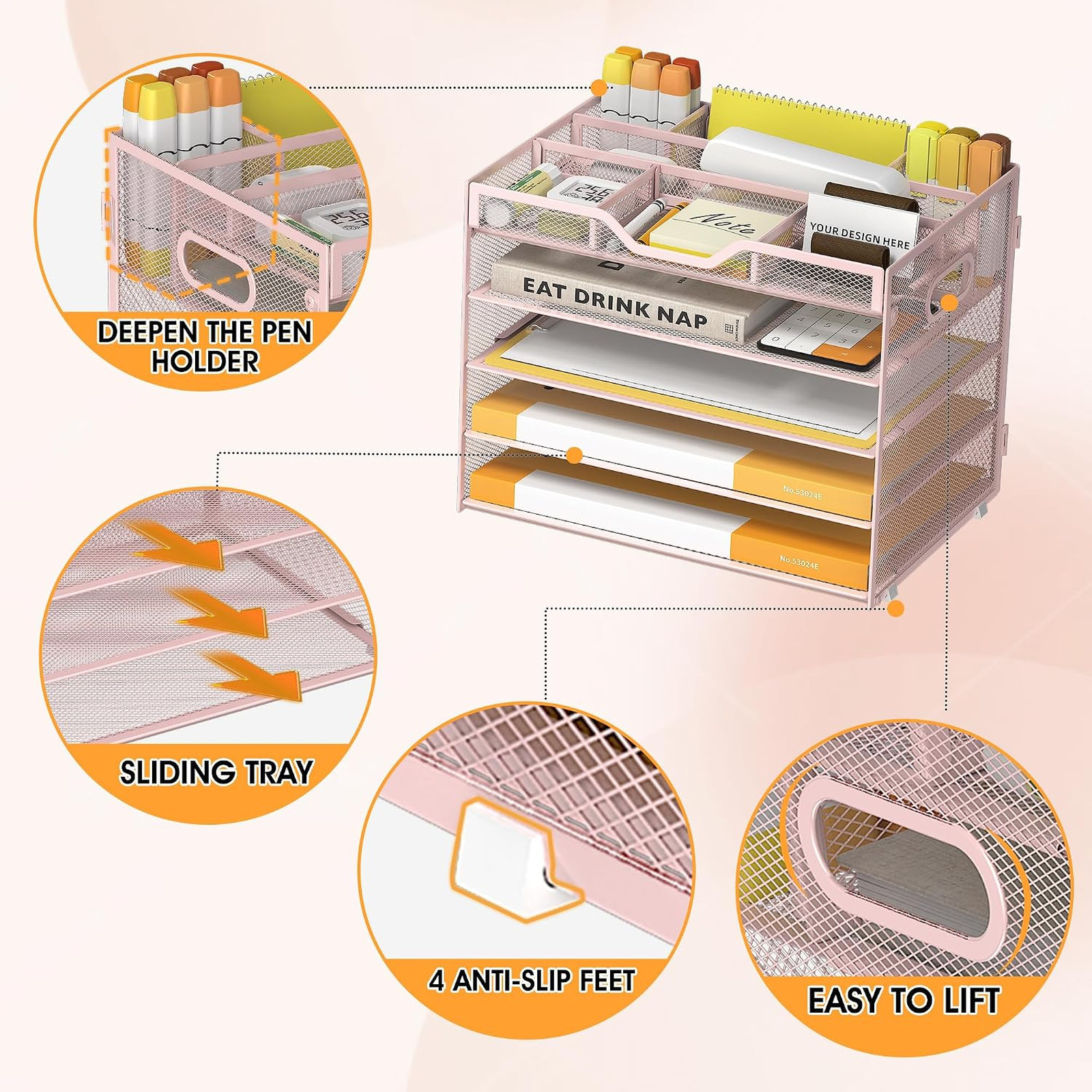 5 Tier Paper Letter Tray with Pen Holders Mesh Desk Organizer for Office School