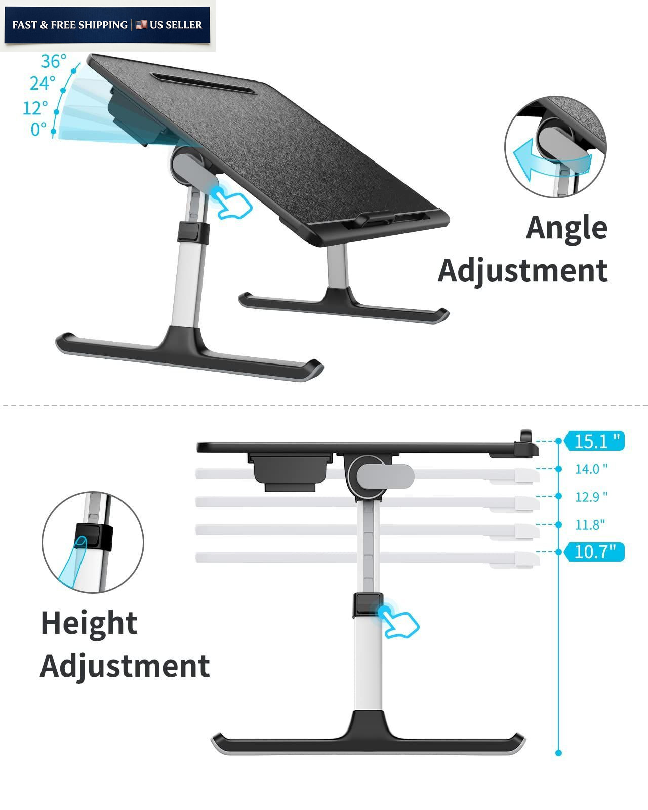 Laptop Bed Tray Desk, SAIJI X-Large Adjustable Table, 60*45CM, Black