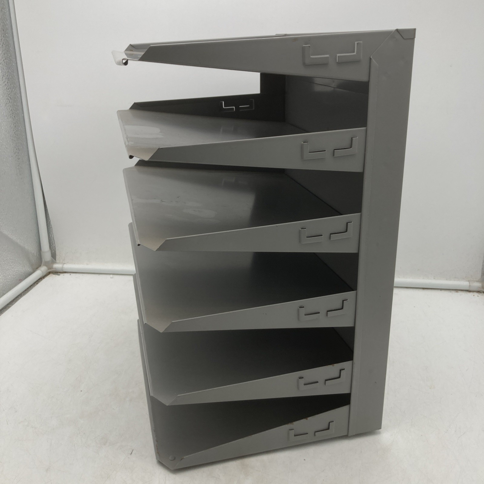 Vtg Industrial Gray Metal Horizontal 6 Tray Slot File Holder Desk Wall Organizer