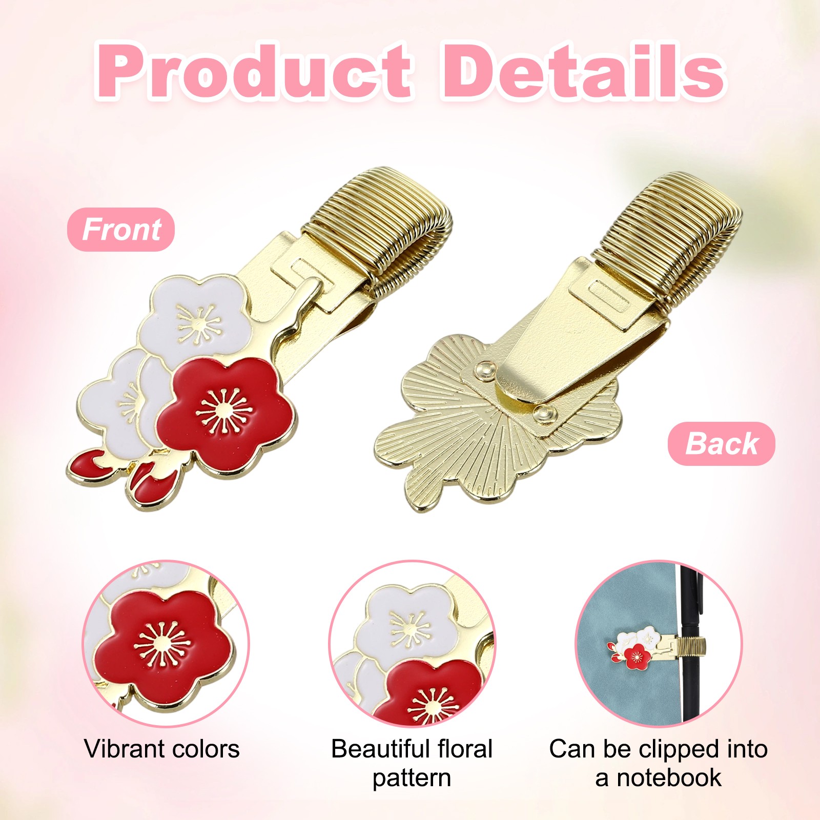 Metal Flower Pen Clip, 4 Pcs Decorative Holder Clips, Blue/Red/White