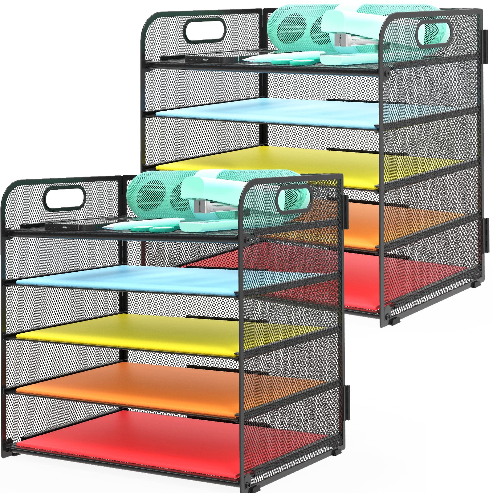 2 Pack Letter Tray 5Tier Desk Organizer File Paper Holder with Handle, Metal …