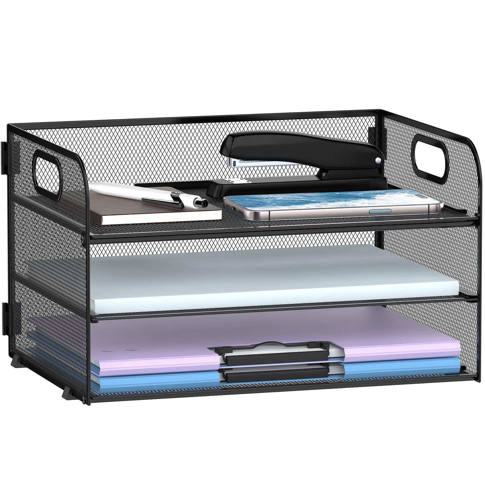 Supeasy 3 Tier Paper Organizer with Handle, Mesh Desk 3 Tier, Black