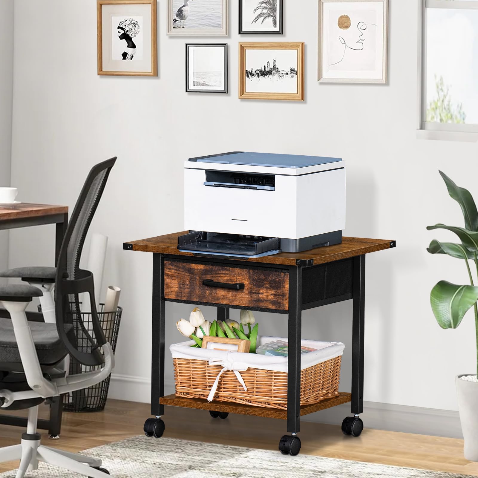 Lerliuo Under Desk Rolling Printer Stand with Drawer, 2-Tier 2 Tier, Brown