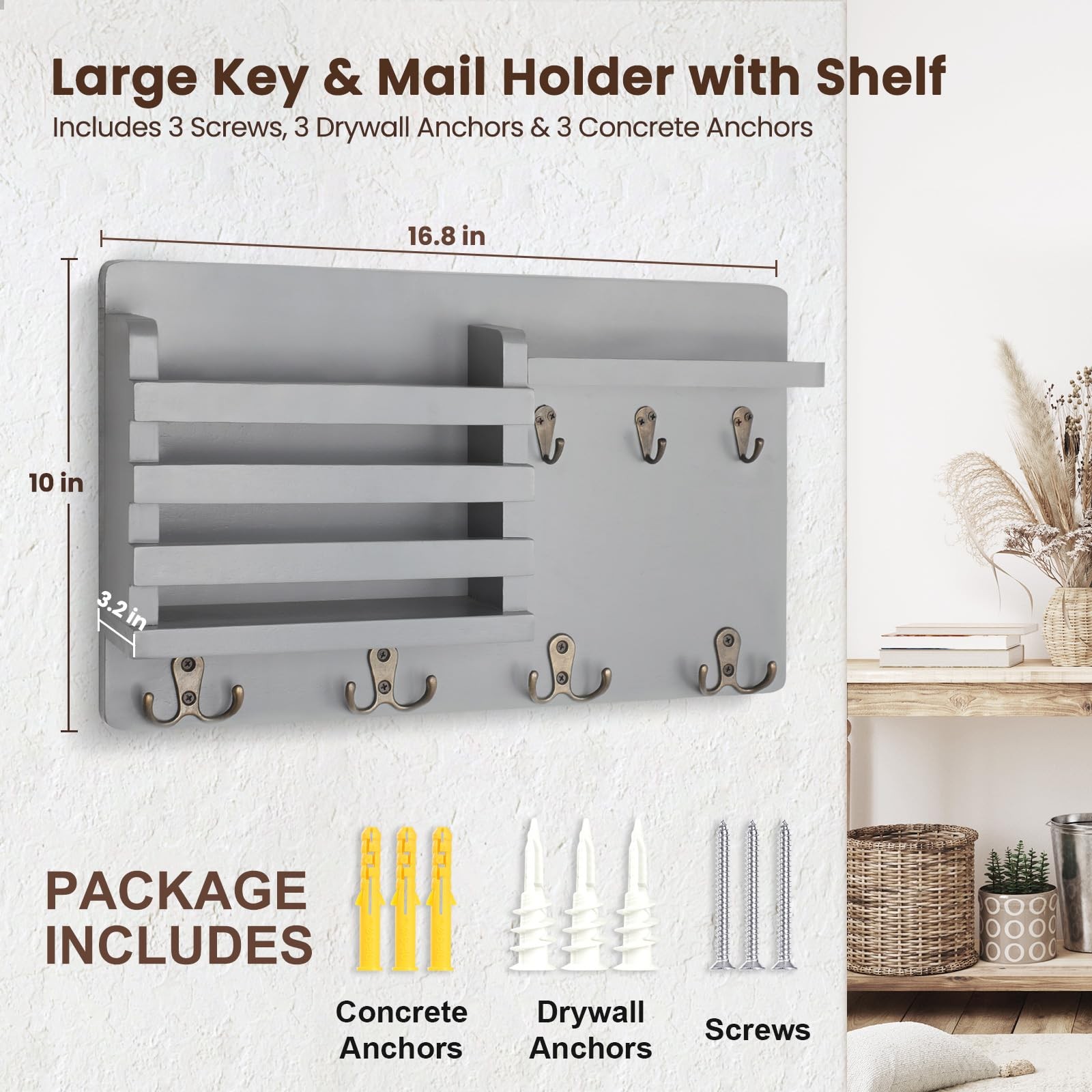 Mail Holder for Wall Mail Organizer with Key Hooks Hallway Farmhouse Decor St…