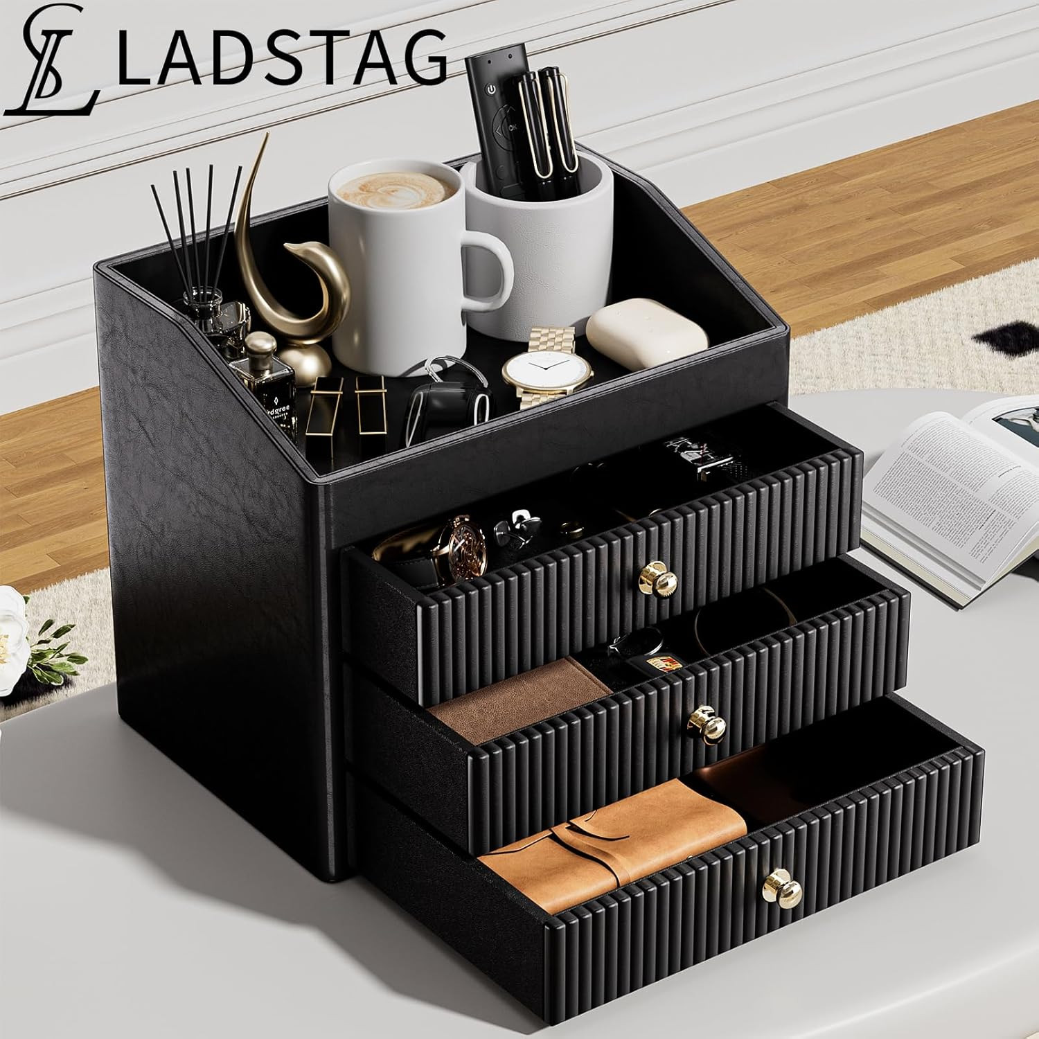 Black Vegan Leather Desk Organizer with 3 Drawers for Makeup & Accessories