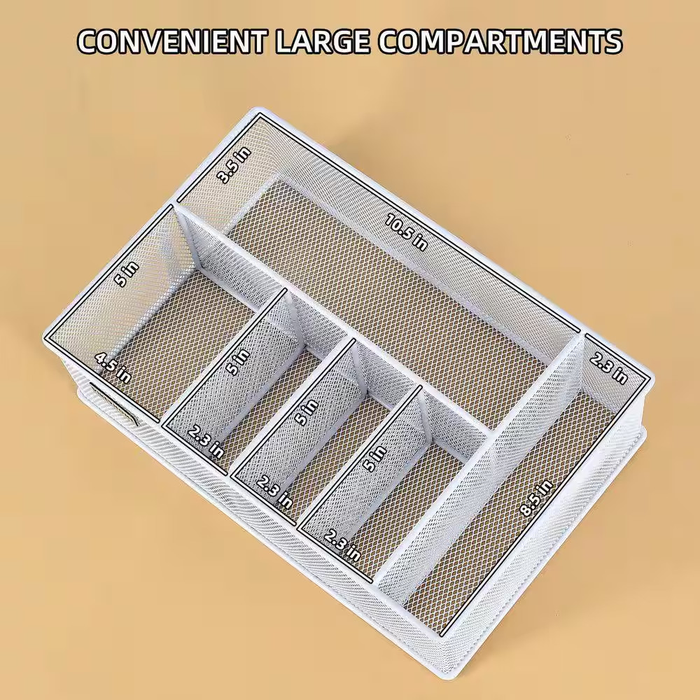 White Metal Paper Plate Organizer with 6 Compartments for Cups, Utensils, Napkin