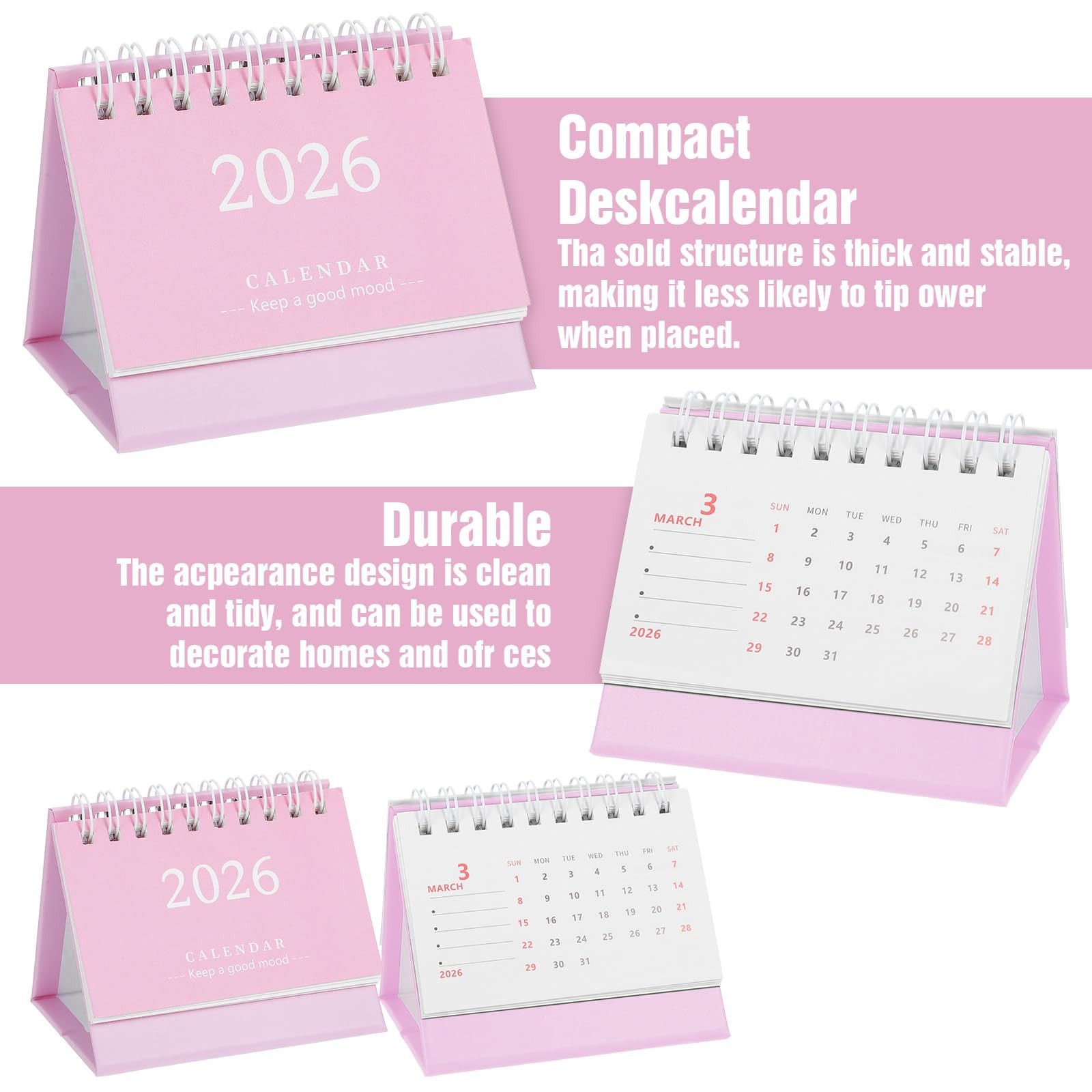 Tyqour Small Desk Calendar 2026 Mini Standing Flip Desktop Pink