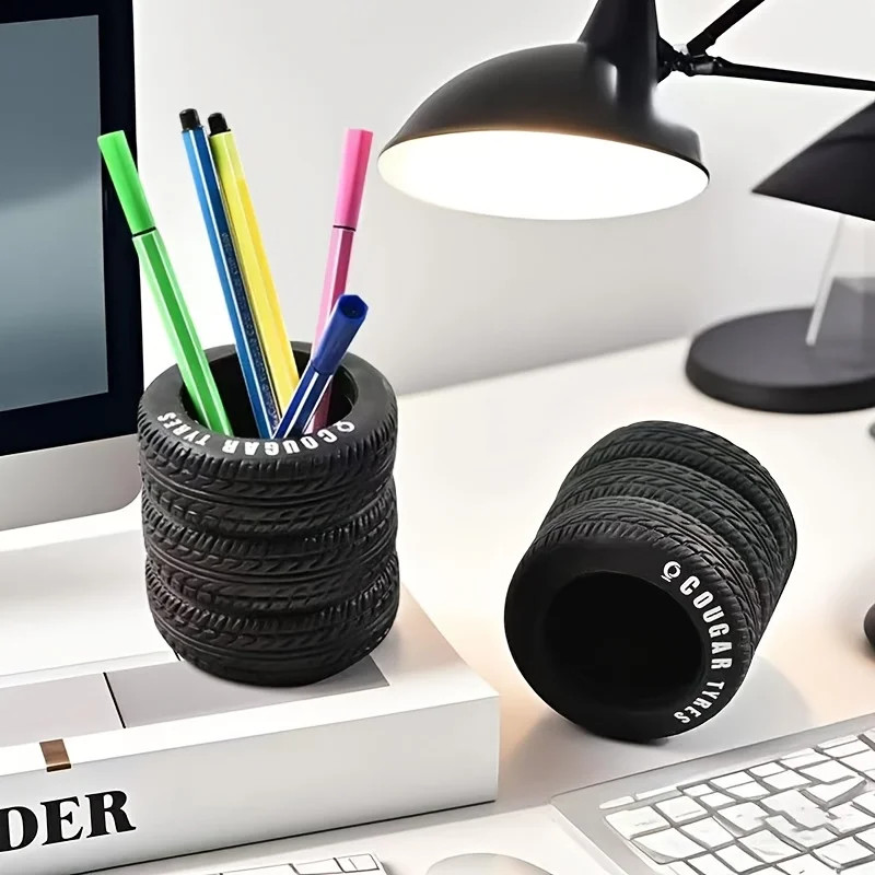 1Pcs Fun Tire-Shaped Pen Holder -PVC Desk Organizer, Ideal for School and Office
