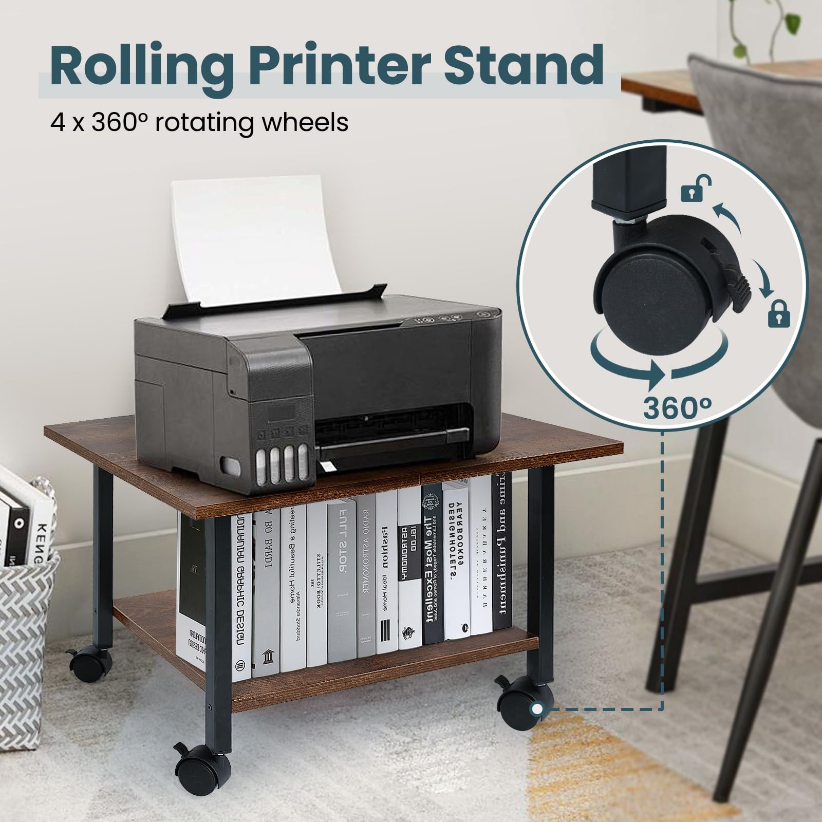 SwaaVee Printer Stand with Storage Under Desk Shelf, Desktop Rustic Brown