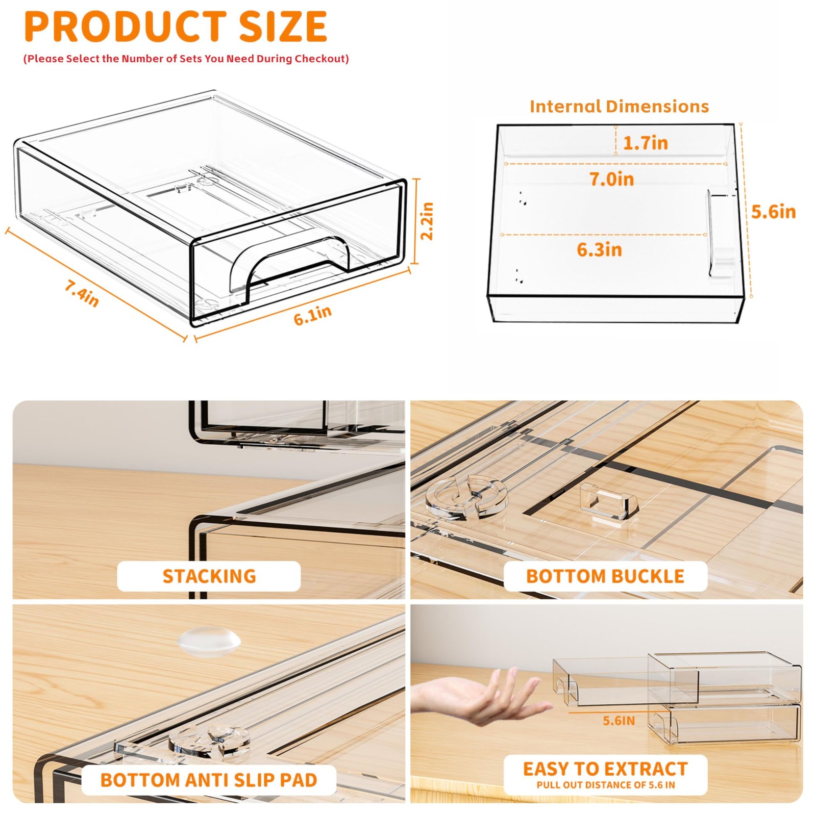 2.2” Tall Acrylic Clear Stackable Storage Drawer Organizer,8 Pack Desk Organ…
