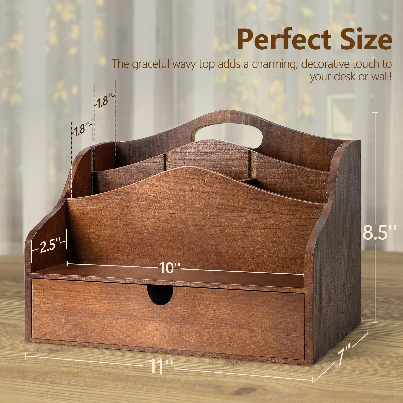 Pine Wood Mail Organizer for Desk Rustic Mail Sorter with Drawer & Dividers …