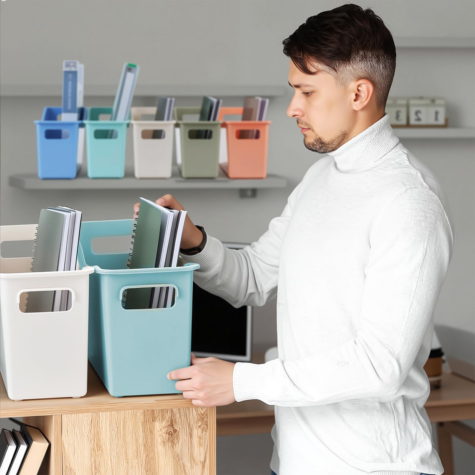 6 PCS Plastic Book Binder Holders Classroom Storage Bins with Handles 6 Colors