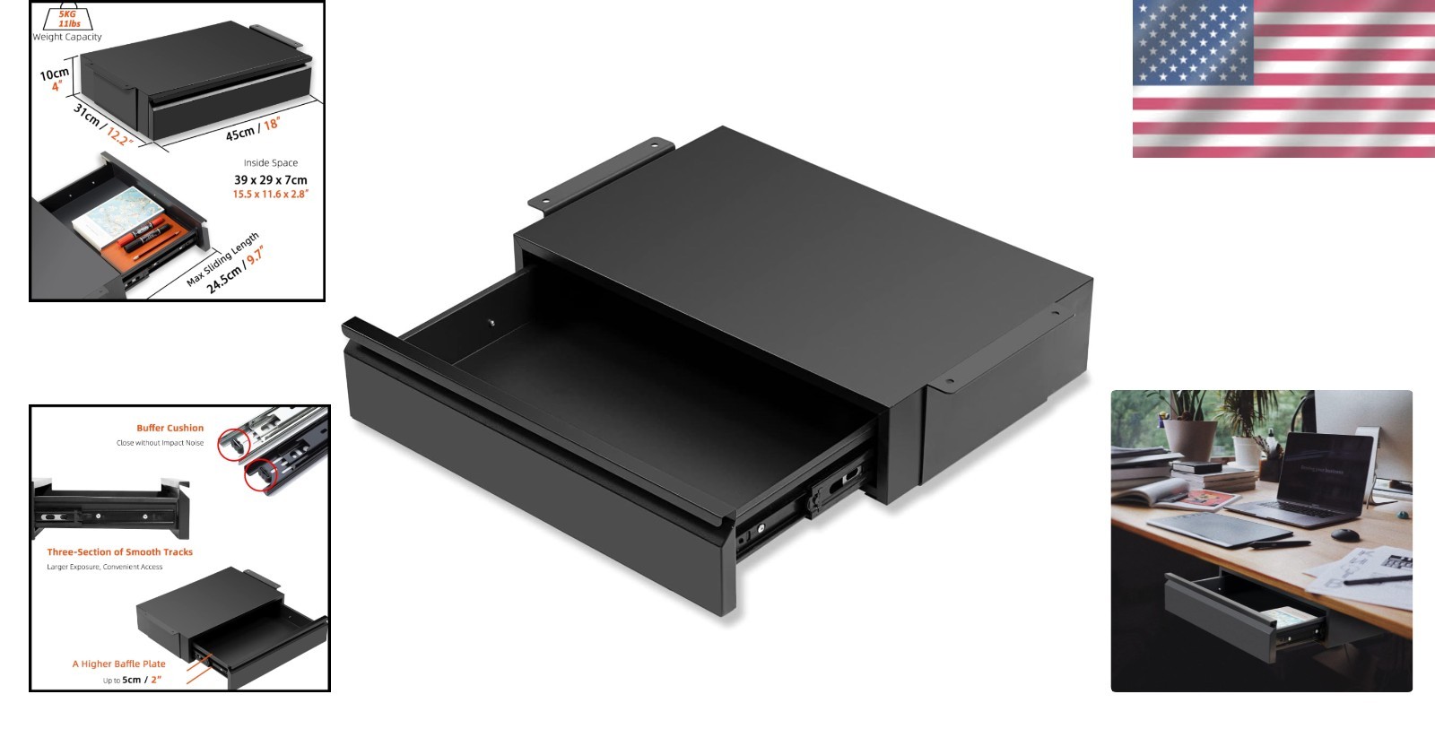 18” Under Desk Drawer with Large Slide and Cable Management: Black Metal Design