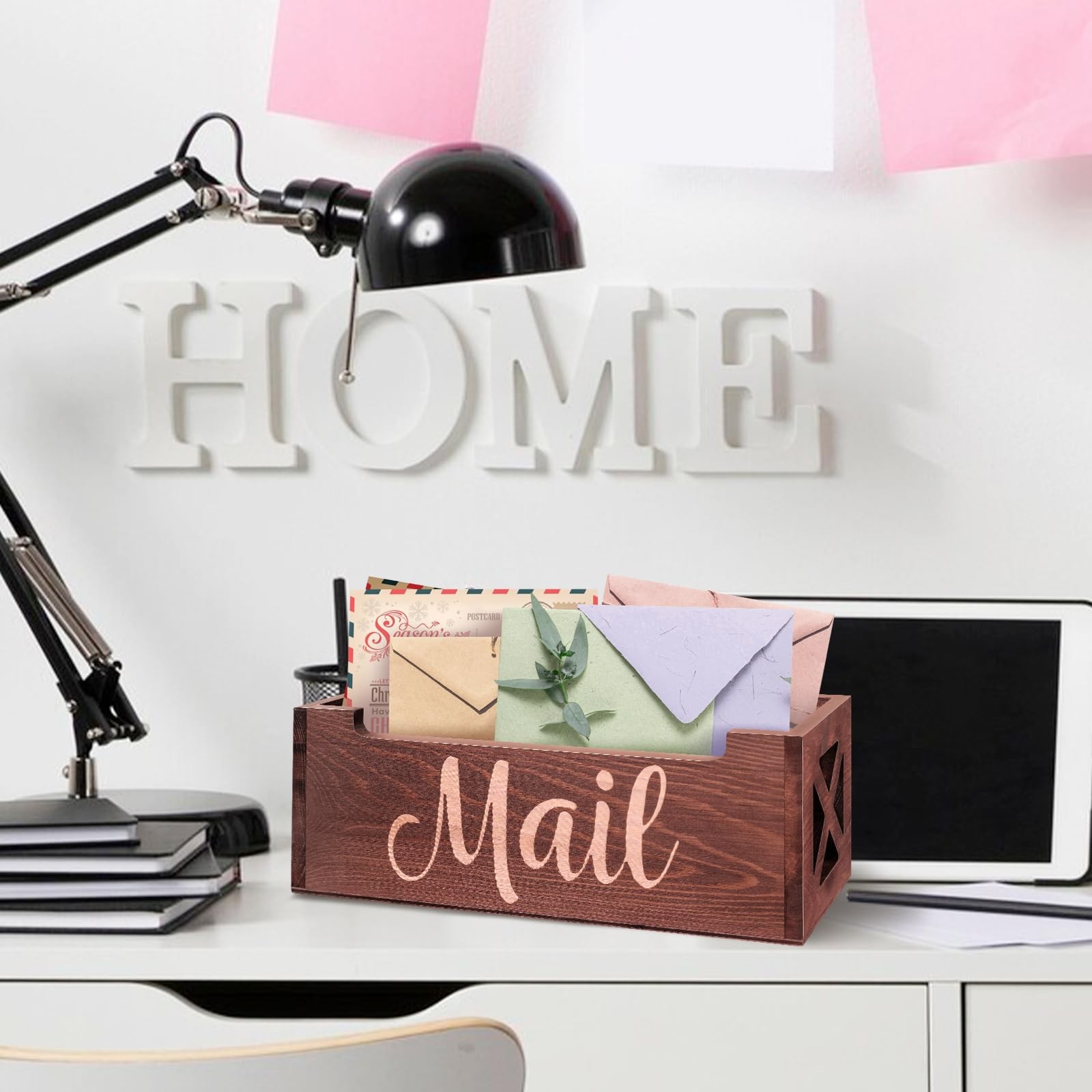 Wooden Mail Organizer Mail Holder Countertop, Farmhouse Brown Mail Tray Mail …