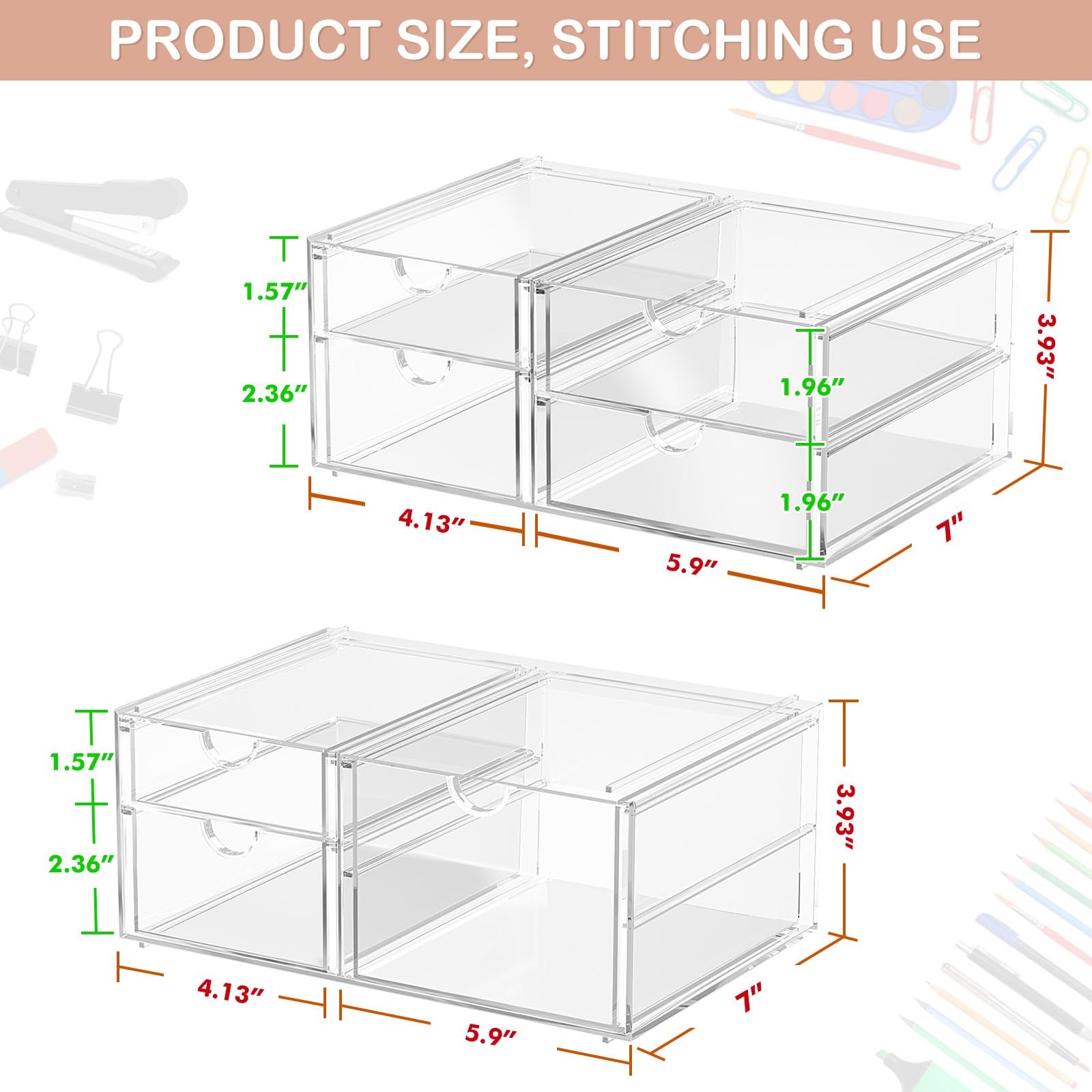 2 Pack Clear Desk Organizers with 7 Drawers, Makeup & Office Storage