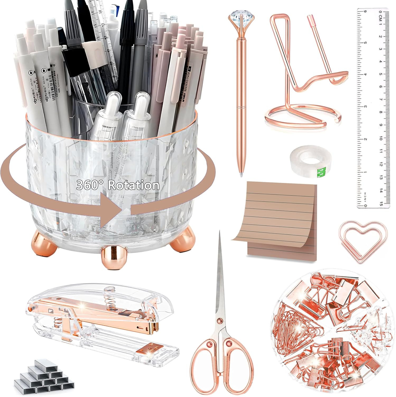 Rose Gold Desk Accessories, Office Supplies Desk Organizers 360°Pen Holder Acryl