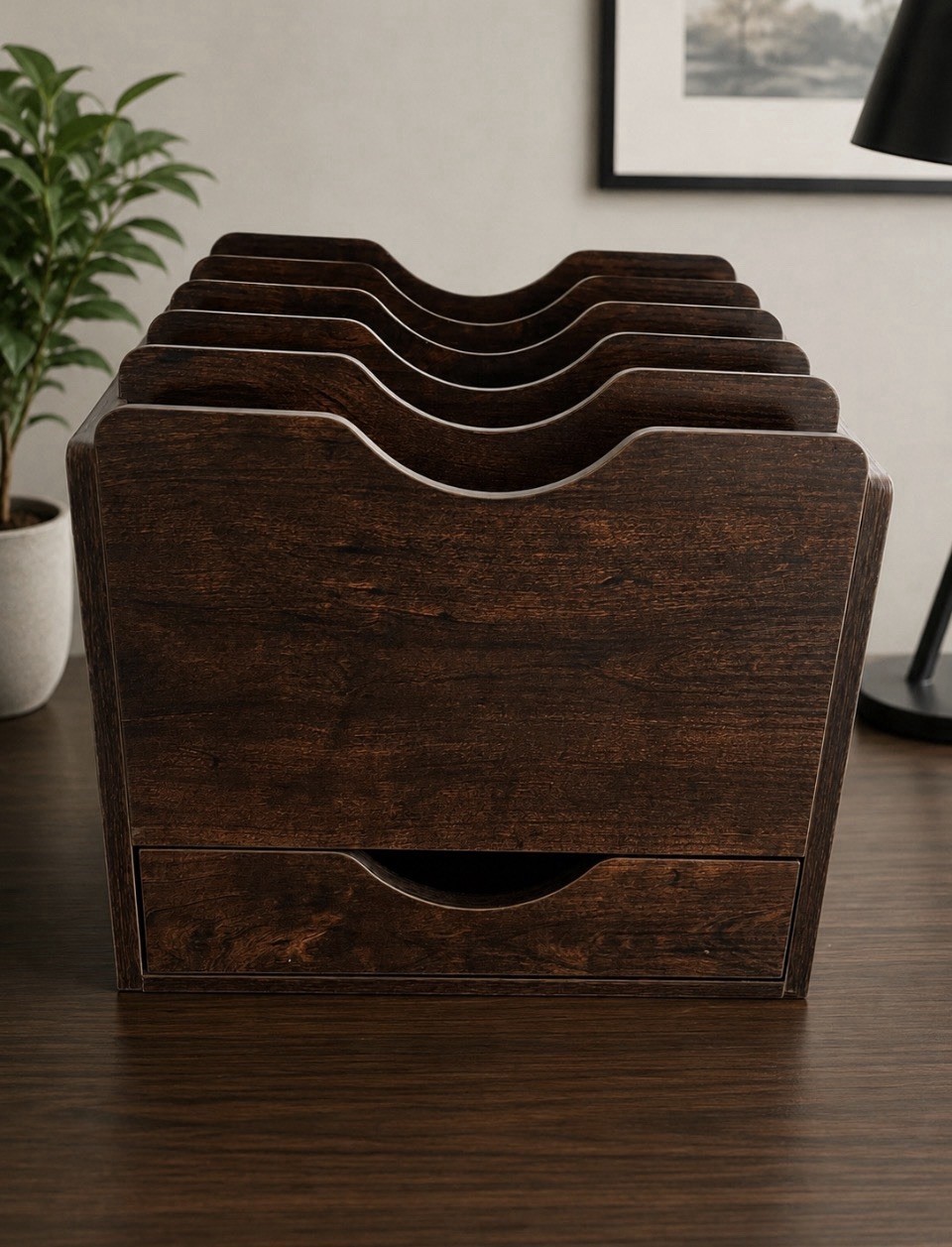 Dark Espresso Wood Desktop File Organizer Mail Sorter 6 Slot w/ Drawer