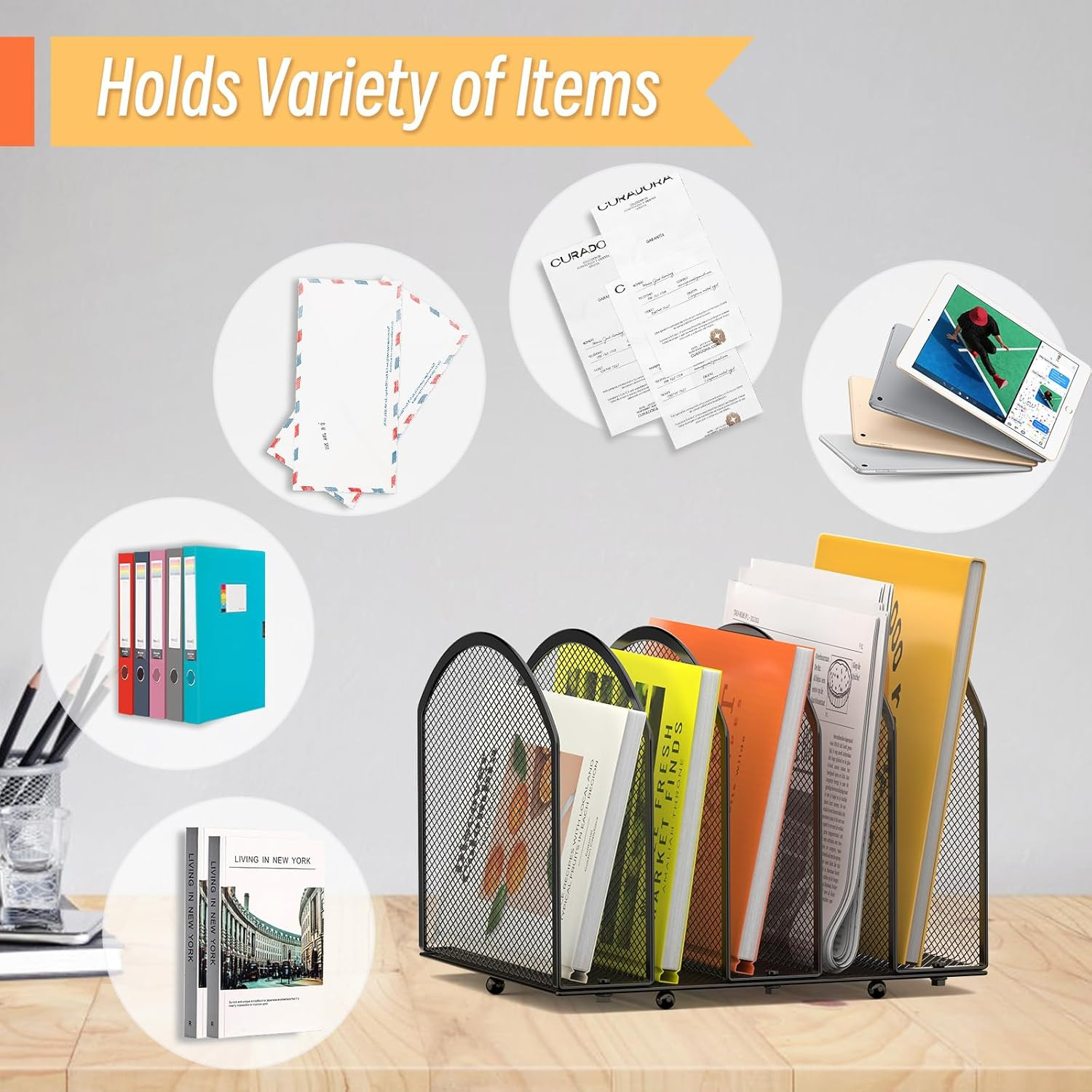 5 Section Metal Mesh Desk File Organizer Vertical Folder Holder Black Office Rac