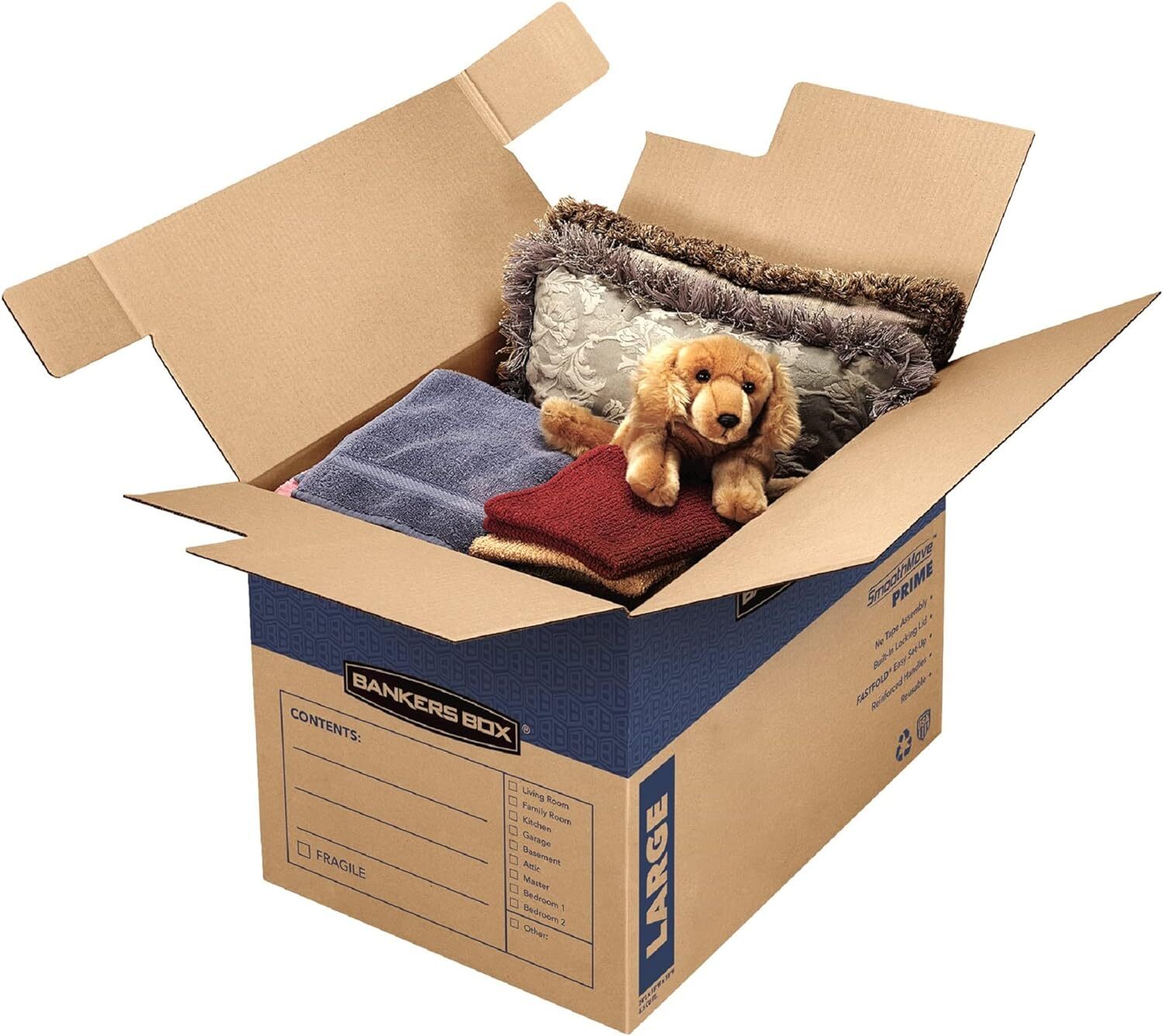Bankers Box 6 Pack Large Prime Moving Boxes, Tape-Free FastFold 6 Pack, Kraft